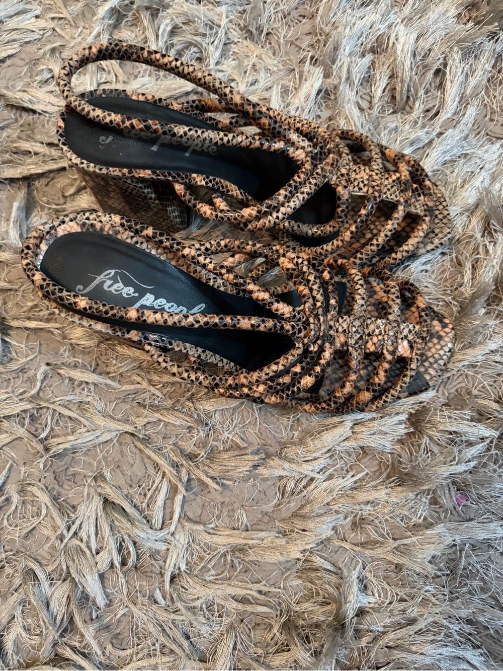 Free People Brown and Black Woven Snake-Print Slingback Heels